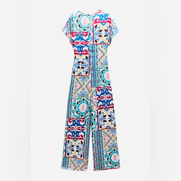 NEW Zara Satin Effect Abstract Print Wide Leg Jumpsuit Blue Yellow Red Small - Picture 7 of 10